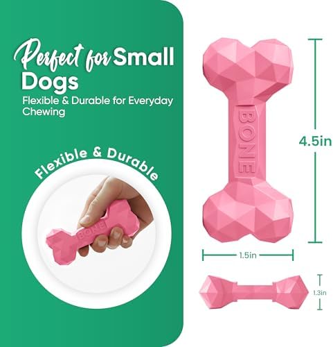 Natural Rubber Dog Toys for Small Dogs & Puppies - Durable Dental Dog Bone Toy for Indoor & Outdoor Play - Interactive Tough Teething Toy for Boredom Relief - For 25 lbs Small Dogs (Pink)