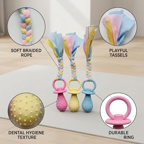 3 Pcs Dog Pacifier Toy, Dog Pacifier for Small Dogs, Puppy Pacifier for Small Dogs, Interactive Chew Toy for Teeth Cleaning, Daily Playtime and Training Sessions, Made of Enamel Rubber