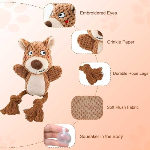 Plush Squeaky Knot Dog Toys, Interactive Chew Toys (Brown Bear)