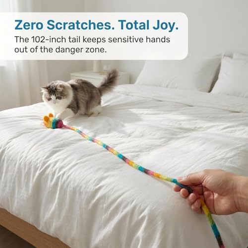 Glaciart One Felt Mouse Cat Toy – Soft Fuzzy Enrichment 100% Natural Wool - Interactive Catnip Play Cat Toy Set - Safe for Pets, Non-AZO Colored Dyes - 100” Long