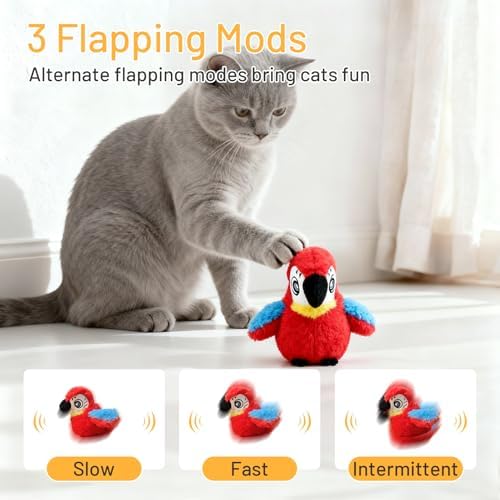 Puffluv Flapping Cat Toy,Interactive Parrot Flying Bird, Auto Chirping & Beating Wings 3 Modes, USB Charging with Catnip for Indoor Kittens Active Fun