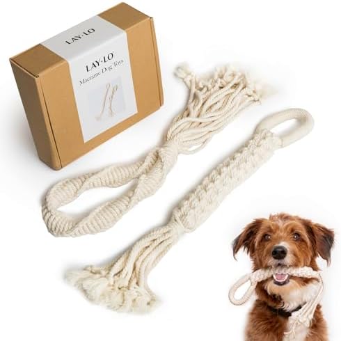 LAY LO Natural Cotton Dog Rope Toy for Small & Medium Dogs, Non-Toxic Rope Toy, 2-Pack Puppy Teething Toy, Durable Boho Dog Toys with Handle