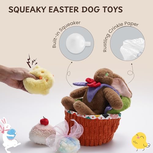 Nocciola Basket Dog Toys - Durable Stuffed Plush Bunny Dog Squeaky Toys for Small, Medium and Large Breeds, Easter Basket with Egg & Rabbit & Chick & Cake Puppy Toy