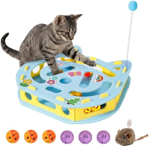 Interactive Kitty Puzzle Toy with Spring Wand Game Board, Maze Activity Playset for Indoor Cat, Rolling Ball Entertainment for Kitten Puppet