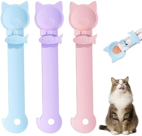 Cat Treat Spoon Squeeze,3 PCS Cat Strip Feeder Spoon,Easy Feeding Spoon for Licky Treats,Multi-Function Cats Treat Feeder,Cat Food Spoon