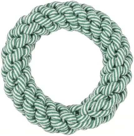 Heavy Dog Rope Ring Toy, Braided Chew Toy for Medium Dogs, Tug of War Rope Toy for Teething, Fetch, Tossing and Interactive Play, Green and White, Approx. 8 in