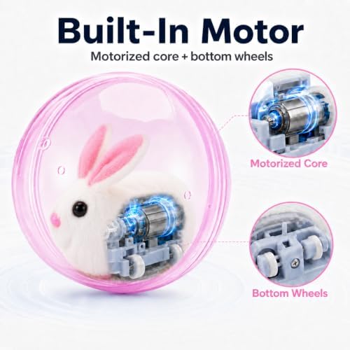 Self Rolling Interactive Cat Ball, Automatic Moving Cat Toy with Plush Animal Inside, 360° Rolling Cat Chasing Ball with Transparent Ball for Cats Dogs Small Pets (Pink,Rabbit)