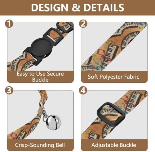 Vintage Piano Music Notes Easy to Wear Kitten Collars 2 Pack Soft Polyester Pet Collar