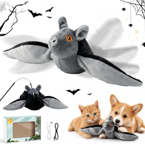 Flying Bat Dog Toy, Flying Bat Toy for Dogs & Cats, Interactive Flapping Bat Toy with Chirping, Rechargeable and Motion-Activated, Wand Compatible for Interactive Play & Exercise