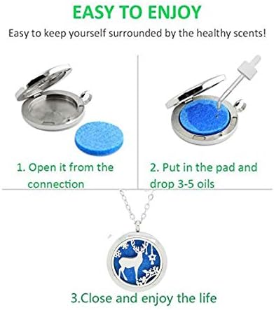 Aromatherapy Essential Oil Diffuser Stainless Steel Silver Magnetic Locket Pendant 2 Sizes Chain Necklace, Refill Pads & Diffuser Bracelet in a Velvet Bag (Winter elk with Ornaments)