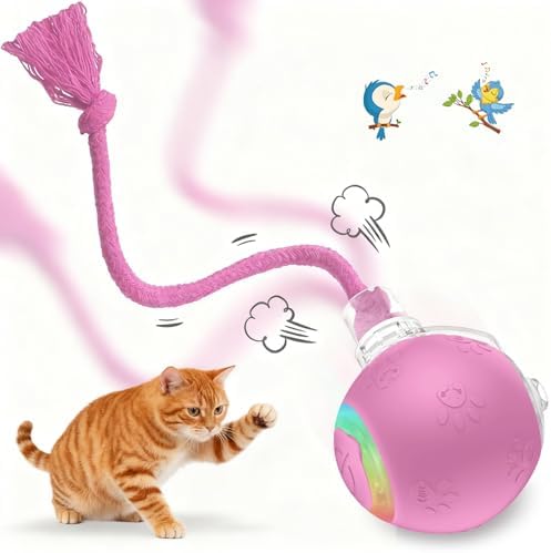 Pink Interactive Cat Toy,Automatic Moving Cat Toys for Bored Indoor Adult Cats,Fast Rolling,Chirping & Motion-Activated Kitty Toys,Fun Gift for Cats with Speedy 2.0 Tail,USB Rechargeable