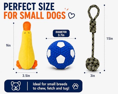 Dog Toys for Small Dogs, 5 Pack Interactive Dog Toy Set with Squeaky Latex Ball, Duck Plush Toy, Rope Tug Toy and Waste Bags, Indoor Fetch, Chew & Play Toys for Small Breeds (Blue/White)