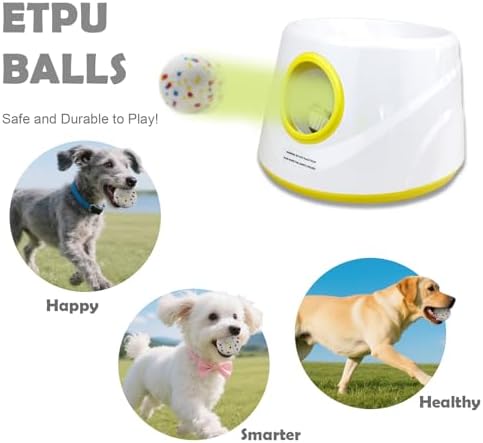 MEKAPLE Automatic Dog Ball Launcher, Upgraded Interactive Dogs Balls Thrower for Small and Medium Dogs, Distance Adjustable Mental Stimulating Dog Toys with 4 Durable Etpu Balls 2.2 Inch (Yellow)