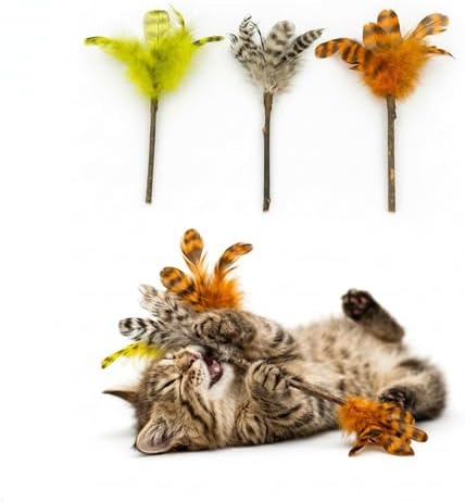 Silvervine Feather Cat Toys, 3 Pack Natural Matatabi Chew Toys for Indoor Cats, 8" Handmade Cat Toy for Chewing & Independent Play, Quiet Indoor Floor Play