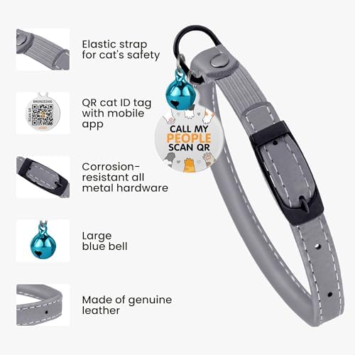 BRONZEDOG Cat Collar with Bell Kitten Rolled Leather Collars Safety QR ID Name Tag (Smoke Grey)