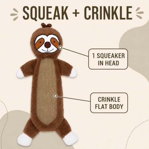 Sloth Squeaky Plush Dog Toy with Crinkle for Puppies, Small/Medium Dogs