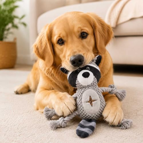 Dog Squeaky Chew Toy, Plush Crinkle Rope Dog Toy - Gray Raccoon