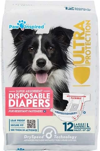 Paw Inspired Disposable Female Dog Diapers, Large Size, 12 Count | Ultra Protection, Adjustable Fasteners, Comfortable Fit, Leakproof Core, For Dogs in Heat, Excitable Urination, Incontinence
