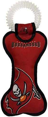 Pets First NFL Tampa Bay Buccaneers Football Dental Tough Dog TUG Bone Toy with Built-in Squeaker Attached to a Safe Rubber Teething Toothbrush PET Toy, Team Color, 14 x 5 (TBB-3310)