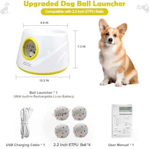 MEKAPLE Automatic Dog Ball Launcher, Upgraded Interactive Dogs Balls Thrower for Small and Medium Dogs, Distance Adjustable Mental Stimulating Dog Toys with 4 Durable Etpu Balls 2.2 Inch (Yellow)