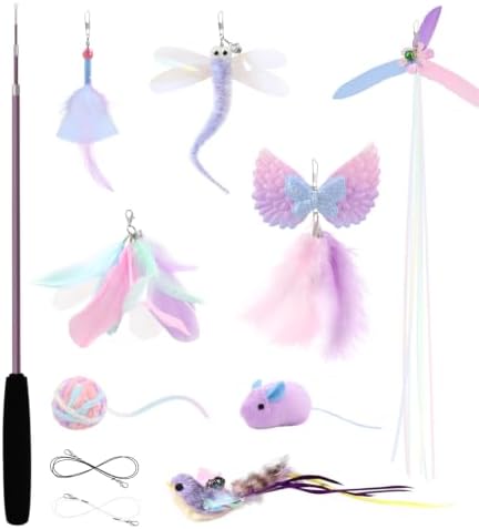 SONGWAY Interactive Cat Wand Toy Set - Retractable Cat Teaser Wand with 8 Cat Toy Attachments, Dragonfly Butterfly Bird Mouse Yarn Ball Tassel Feather Cat Toy Refills for Indoor Cats Kittens, Purple