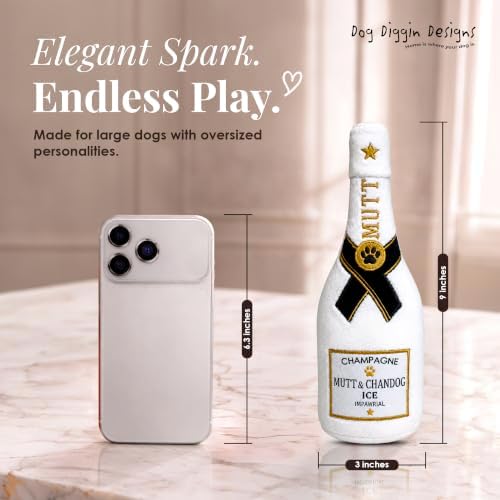 Dog Diggin Designs Mutt & Chandog White Ice Champagne Plush Dog Toy | Luxury-Inspired Parody Drink Bottle Dog Toy with Squeaker, Soft Plush Novelty Dog Toy – Shaken, Not Stirred!