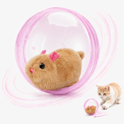 Self Rolling Interactive Cat Ball, Automatic Moving Cat Toy with Plush Animal Inside, 360° Rolling Cat Chasing Ball with Transparent Ball for Cats Dogs Small Pets (Pink,Brown Mouse)