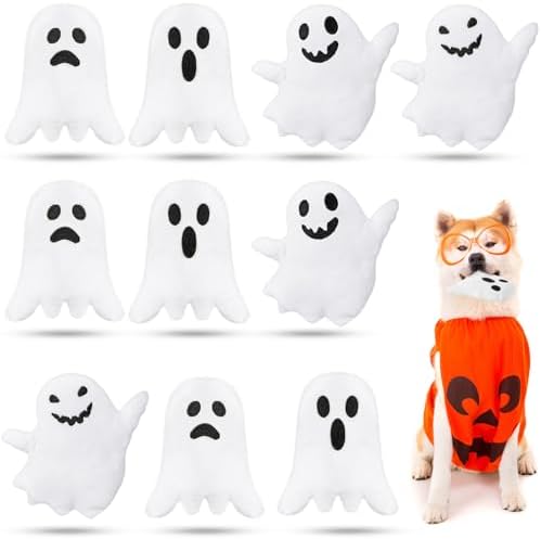 Civaner 12 Pcs Halloween Squeaky Dog Toys Bulk Ghost Stuffed Plush Toys for Dogs Interactive Teething Chew Plaything for Halloween Small Medium Large Pets Teething Cleaning and Training