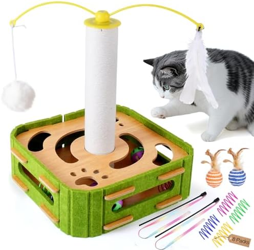 5-in-1 Cat Puzzle Box Toy for Indoor Cats Boredom Relief Interactive Wooden Cat Enrichment Maze with Balls, Feather Wands & Spiral Springs, Slow Feeder Treat Dispenser for Kittens & Adult Cats