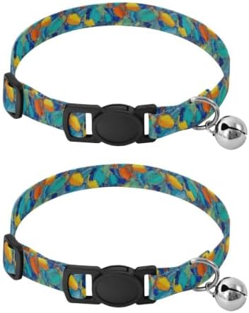 Oil Paint Multicolor Dog Collar with Bell 2 Pack Puppy Collar Adjustable Length 10.6" to 17.1"