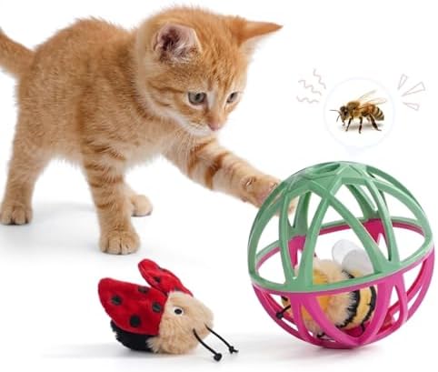 Cat Toys for Indoor Cats - Interactive Ball Cage Cat Toy with Realistic Insect Sounds & 2 Catnip Plush Toys, Motion-Activated Hunting Simulation Toy for Cats