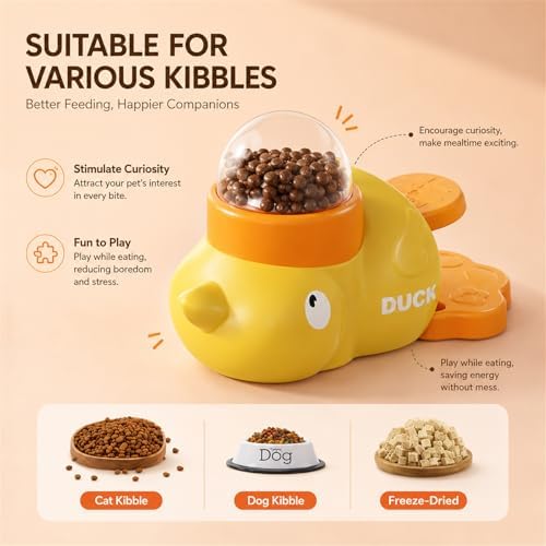 Cat Treat Dispenser, Duck Treat Dispenser for Cats, Cat Treat Toys Interactive and Dog Puzzle Treat Feeder, Food Puzzle Slow Feeder for Small Cats, Dogs, Other Pets (Yellow)