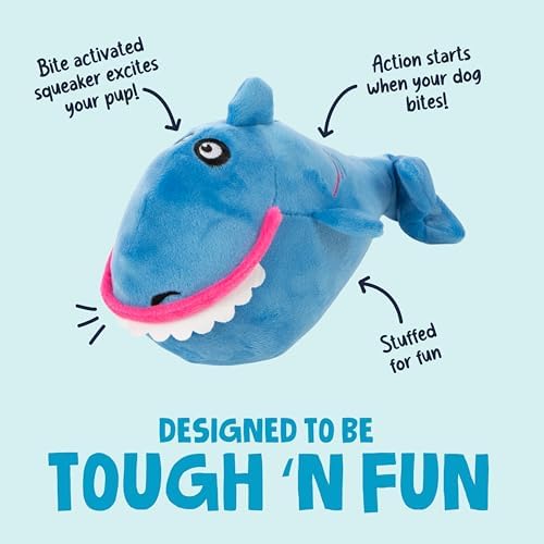 goDog Action Plush Shark Animated Squeaky Dog Toy with Chew Guard Technology, Durable Fabric and Wiggling Tail & Squeaker for Active Play, Blue, One Size