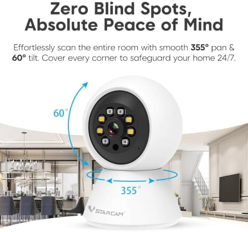 VSTARCAM 3MP 2K Indoor Security Camera, 2.4GHz WiFi Pet Camera with 355° Pan 60° Tilt, Human Detection, Color Night Vision, 2-Way Audio, App Alerts, 24/7 Recording, Cloud & microSD Storage