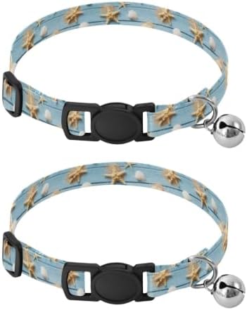 Seashells Wooden Blue Soft Cat Collar, 2 Pack Cat Bell Collar