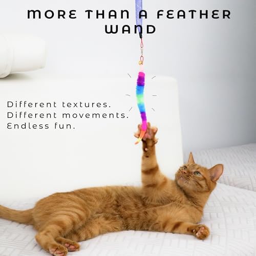 Cat Toys for Indoor Cats, Interactive Cat Wand Toy Set – 2 Retractable Wands with Wooden Handles, 9 Refills (Feathers & Worms) – 2 Mesh Tube Strings & 1 Elastic String for Cats and Kittens
