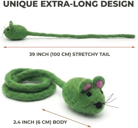 Glaciart One Felt Mouse Cat Toy – Soft Fuzzy Enrichment 100% Natural Wool - Interactive Catnip Play Cat Toy Set - Safe for Pets, Non-AZO Colored Dyes - 42” Long