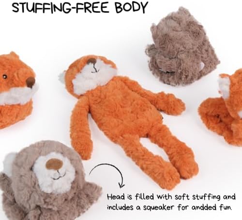 CHEWFFON Stuffless Fox Dog Toy, Squeaky & Crinkle Plush Treat Hiding Toy