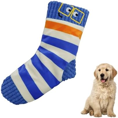 Andiker Squeaky Dog Toys, Cute Sock Shape Dog Chew Toys with Squeaker Crinkle Paper Hidden Food Hole Interactive Dog Toys for Small and Medium Dogs Chewing Teeth Grinding Playing (Blue)