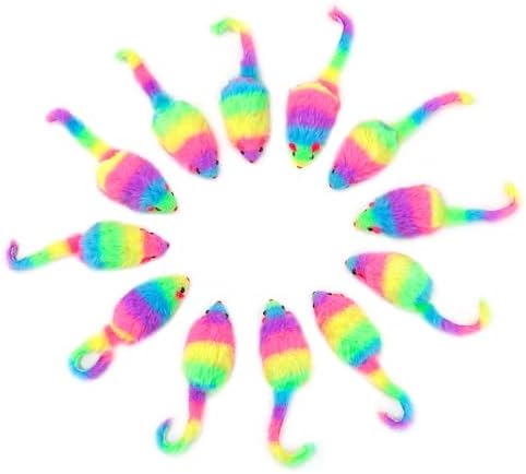 CHIWAVA 24PCS 2.8" Rainbow Color Furry Cat Toy Mice with Rattle Kitten Play
