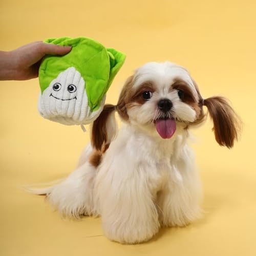 Interactive Pet Puzzle Toy, Plush Cabbage Hide & Seek Treat Dispenser with Squeaker, 7.09 x 5.12 Inches, AZO-Free, Non-Toxic Dyes. Green