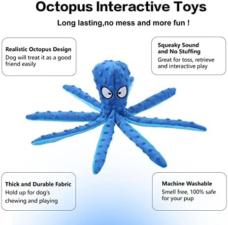 CPYOSN 2 Pack Octopus Dog Toys, No Stuffing Squeaky Crinkle Plush Chew Toys