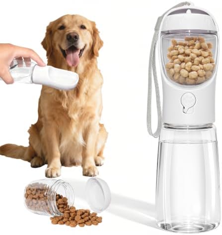 Portable Dog Water Bottle with Food Container, White, 19oz