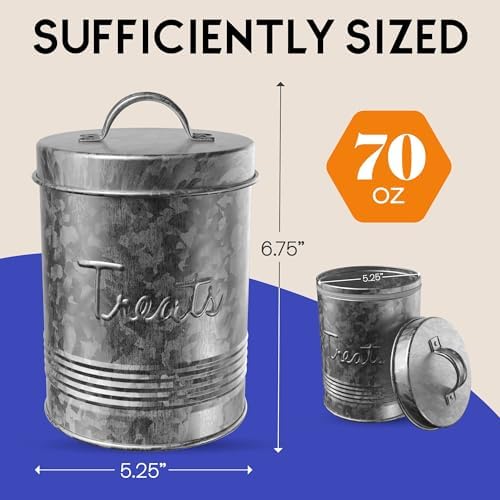Amici Pet, Retro Treats Galvanized Relief Lettering Metal Storage Canister, Food Safe, Push Top, 72 Ounces (Pack of 2)