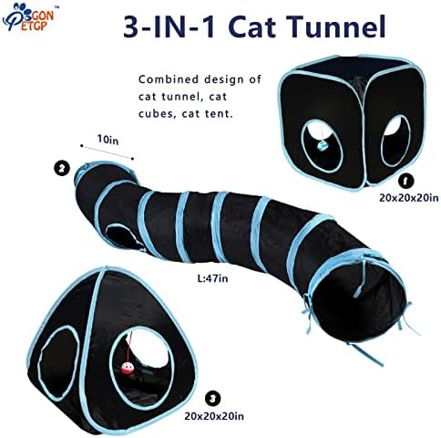 GONPETGP Cat Tunnels for Indoor Cats with Cube Tent Toys Combo, Pop Up Collapsible Crinkle Interactive Peek Hole, Cat Tube with Play Ball and Bell for Kitten, Puppy, Kitty, Rabbit - Set of 3