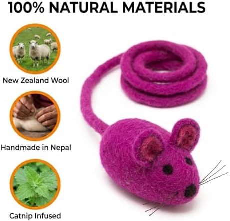 Glaciart One Felt Mouse Cat Toy – Soft Fuzzy Enrichment 100% Natural Wool - Interactive Catnip Play Cat Toy Set - Safe for Pets, Non-AZO Colored Dyes - 42” Long