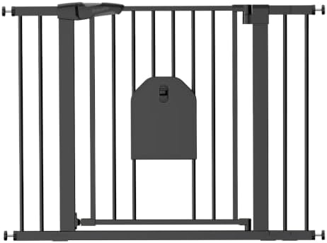 Babelio Auto Close Dog Gate with Cat Door, CatPrivilege I, 29-43" | Safety Gate for Doorway & Stairs, Easy Walk Thru with Pet Door, Includes 4 Wall Cups and 3 Extension Pieces, Black