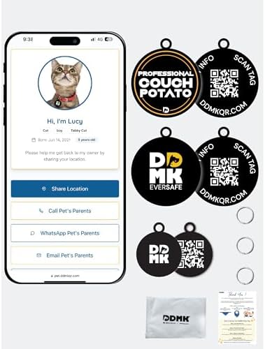 DDMK Smart Pet Tag Set | Includes 3 Tags | QR Code for Instant Alerts | Custom Pet Profiles | Durable & Waterproof | No Subscriptions or Fees |11-Professional Couch Potato
