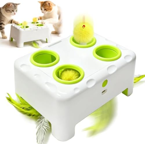 Cat Interactive Automatic Toys, Magic House Whack-a-Mole Toy | Rechargeable Stimulating Feather Kitten Toys, 3 Play Modes, 4 Holes Design, 4 Replacement Accessories