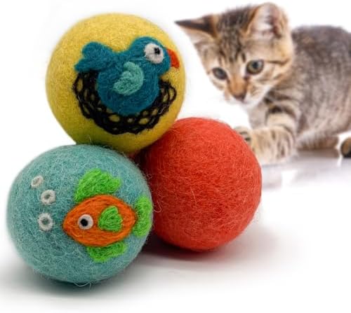 Love Ewe Wool Cat Toys Ball 3 Pack, 2-inch Fish and Bird